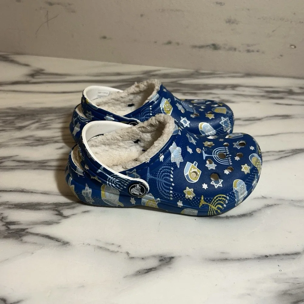 Crocs‎ Classic Lined Hanukkah Clogs Child Size C10 Blue Slip On Shoes Toddler